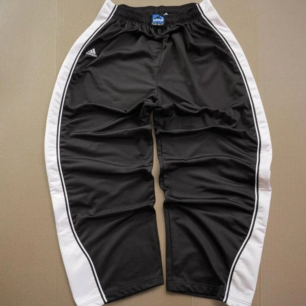 Adidas Vtg Pants Mens Sz XL Black White Track Wide Leg Elastic Waist Basketball